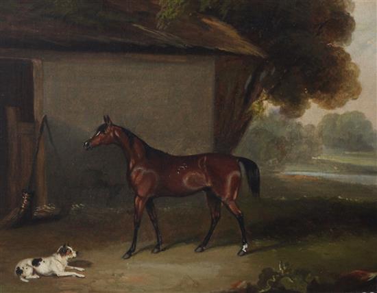 Early 19th century English School Portrait of a horse and a hound in a landscape and Spaniels chasing waterfowl, 10 x 12in.